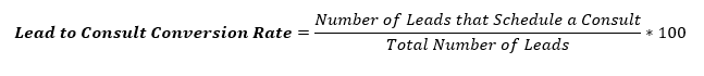 Lead to Consult Conversion Rate = Number of Leads that Schedule a Consult / Total Number of Leads * 100