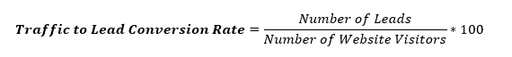 Traffic to Lead Conversion Rate = Number of Leads / Number of Website Visitors * 100
